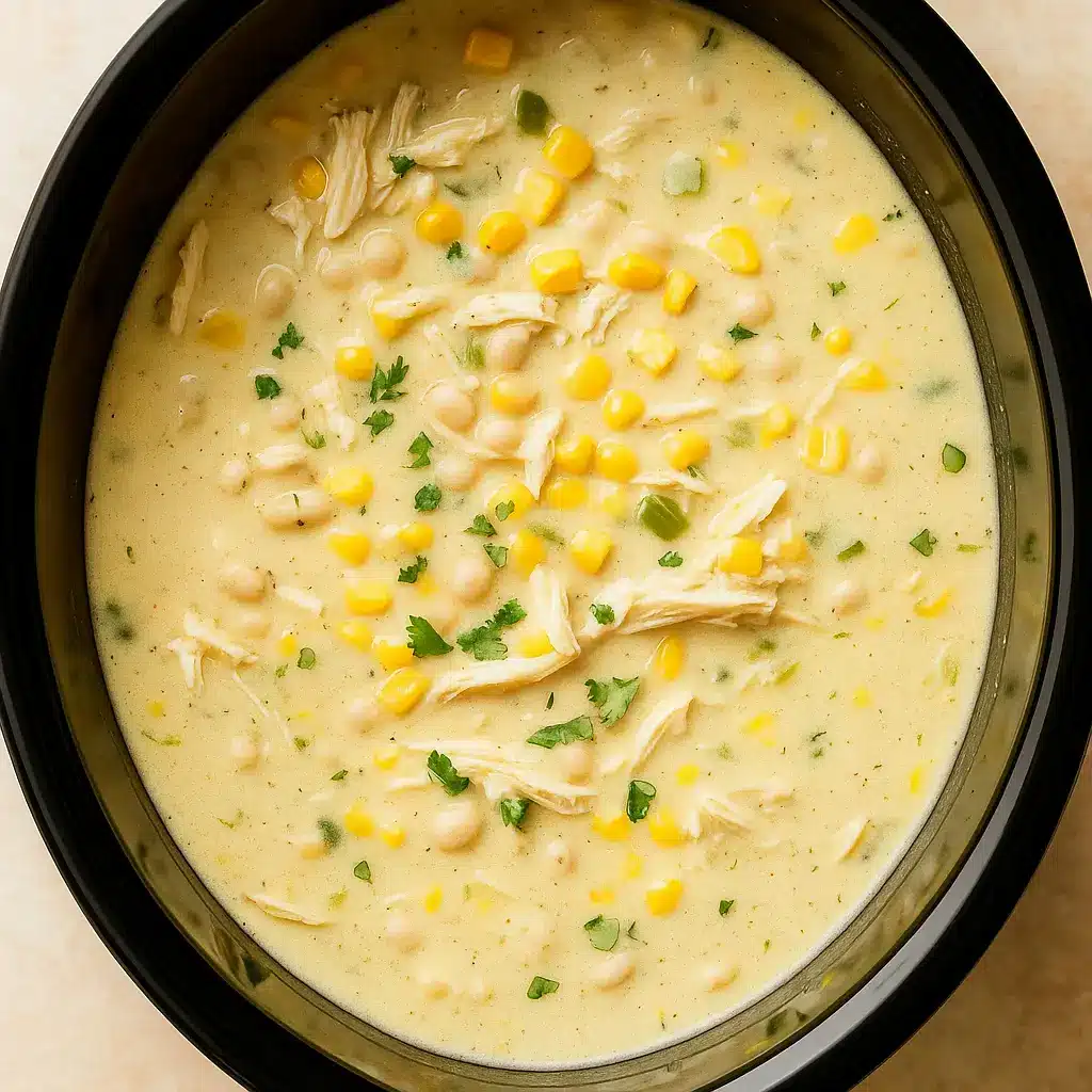 Creamy Crockpot White Chicken Chili Soup with shredded chicken, corn, and cilantro in a slow cooker