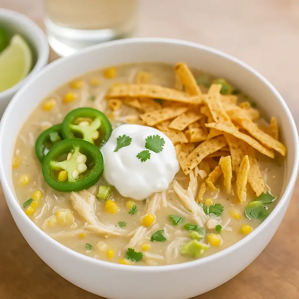 Bowl of creamy Crockpot White Chicken Chili Soup topped with avocado and tortilla strips