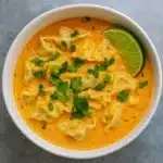 Curry Dumpling Soup with coconut curry broth, dumplings, and fresh herbs in a cozy bowl