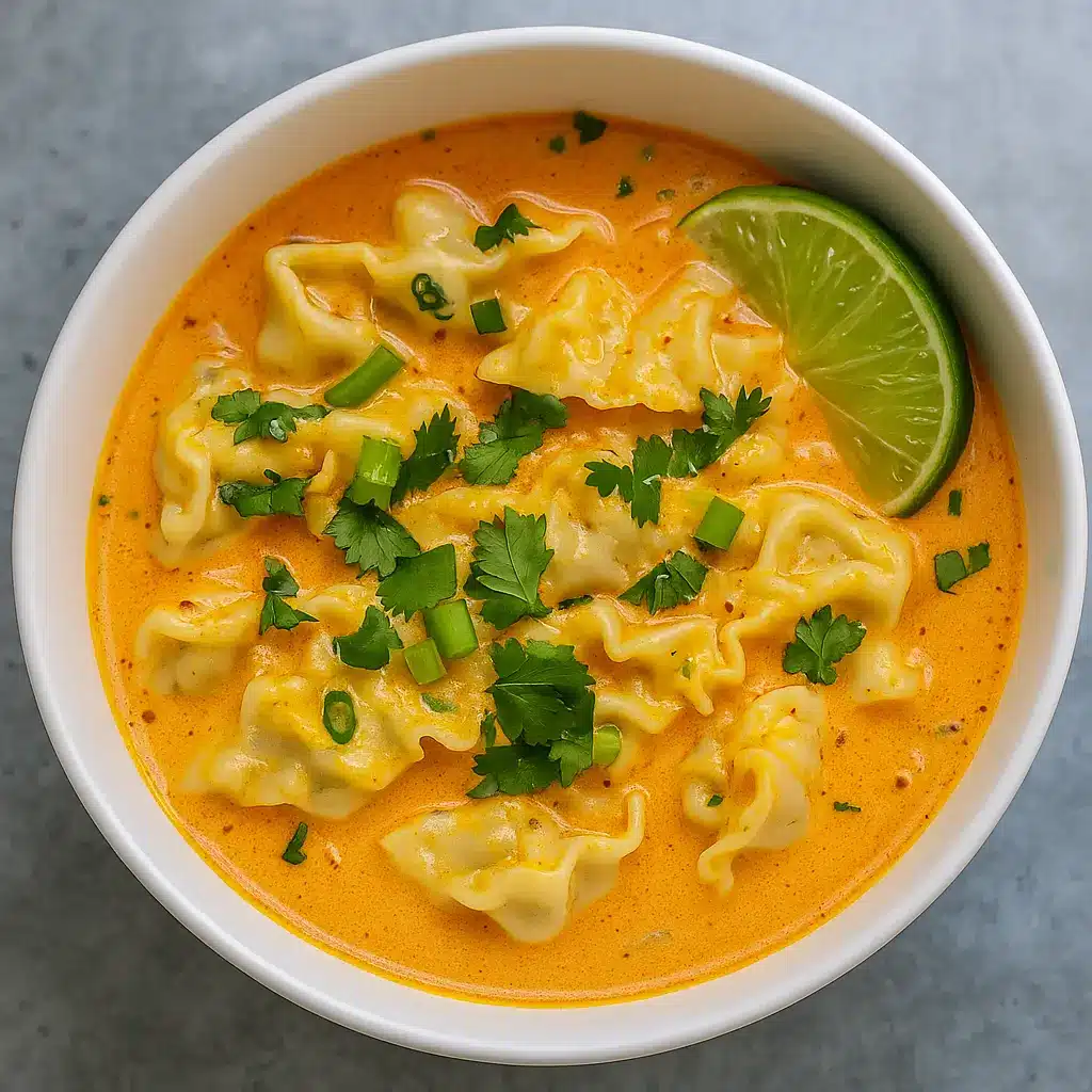 Curry Dumpling Soup with coconut curry broth, dumplings, and fresh herbs in a cozy bowl