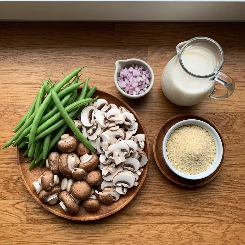 Dairy Free Green Bean Casserole ingredients flat lay