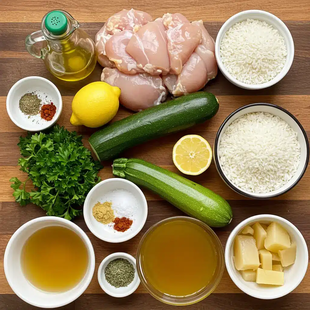 dump-and-bake chicken tzatziki with rice ingredients on a wooden board
