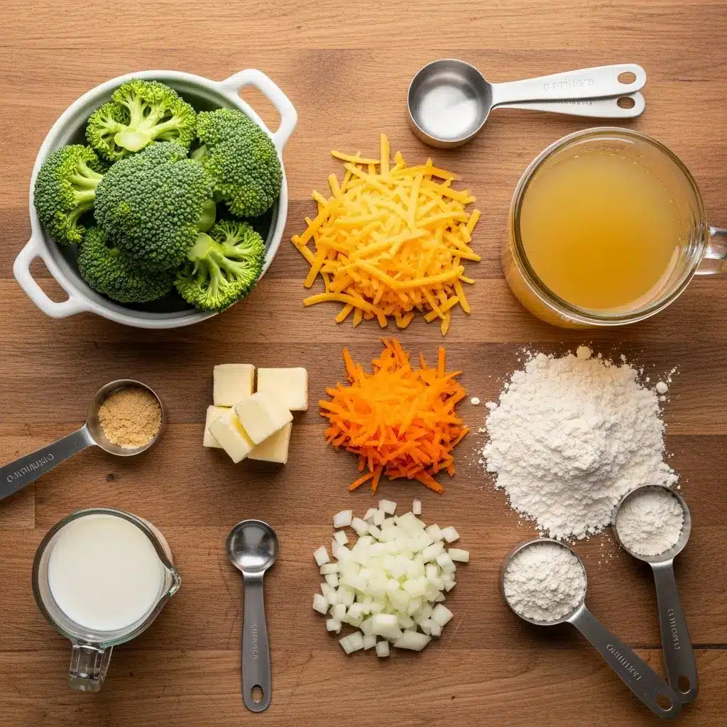 Easy Broccoli Cheddar Soup ingredients on counter