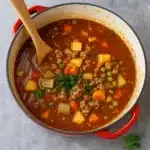 Easy Ground Beef Vegetable Soup in a rustic bowl