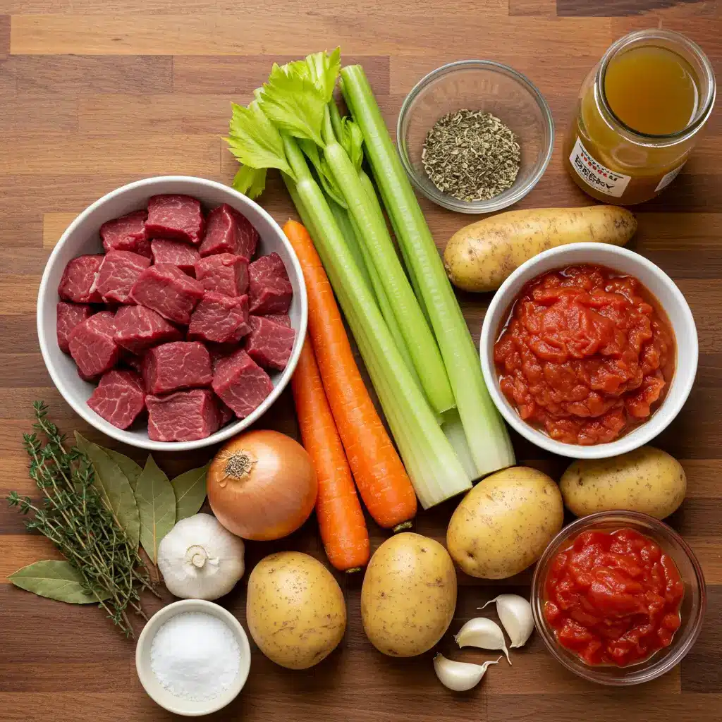Easy Vegetable Beef Soup ingredients on rustic table
