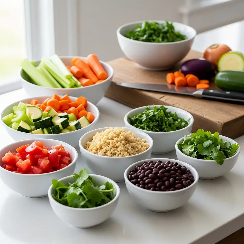 flavorful quinoa vegetable soup ingredients on counter