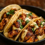 garlic butter honey bbq chicken tacos served on a rustic plate