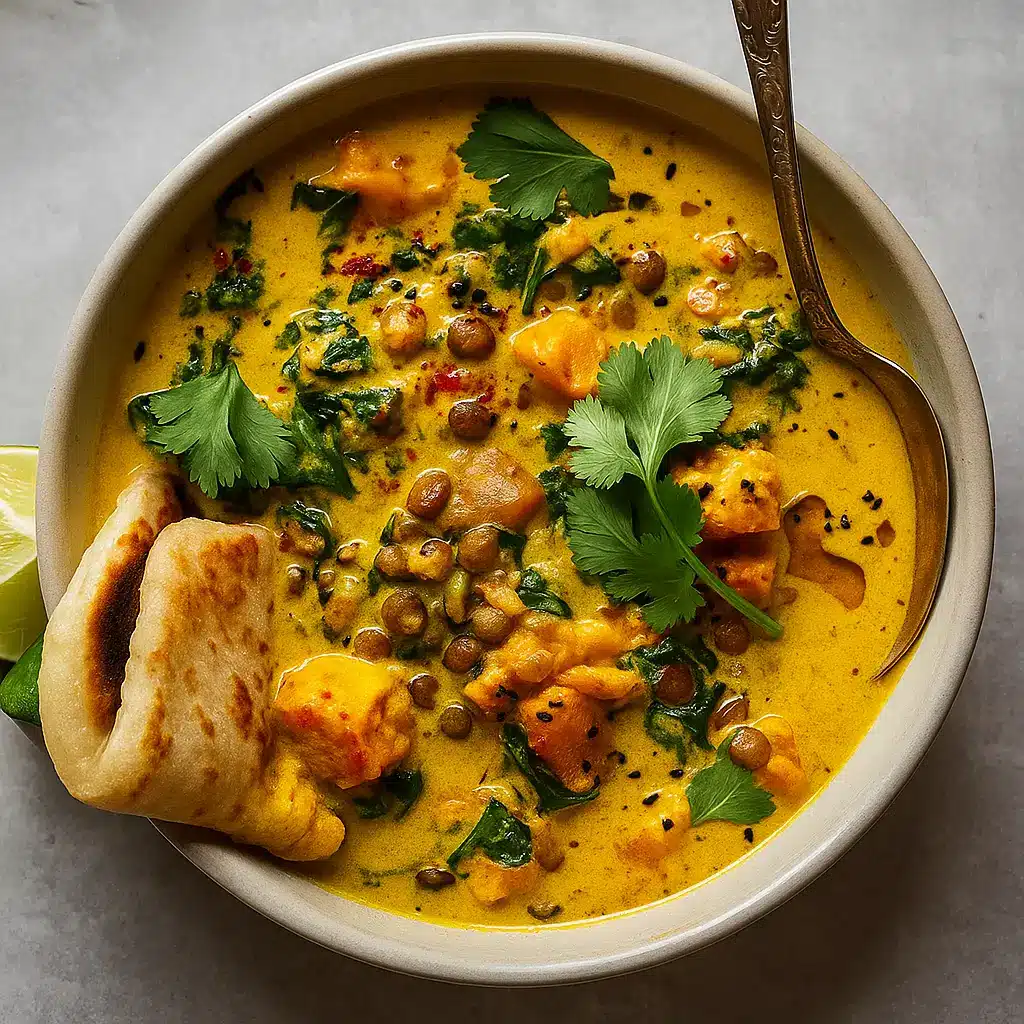 Ginger Sweet Potato Coconut Milk Stew with Lentils & Kale