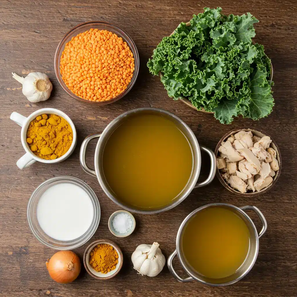 Golden Chicken Lentil Soup ingredients flat lay