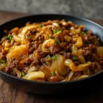 Ground Beef and Chopped Cabbage in One-Pan served in a skillet