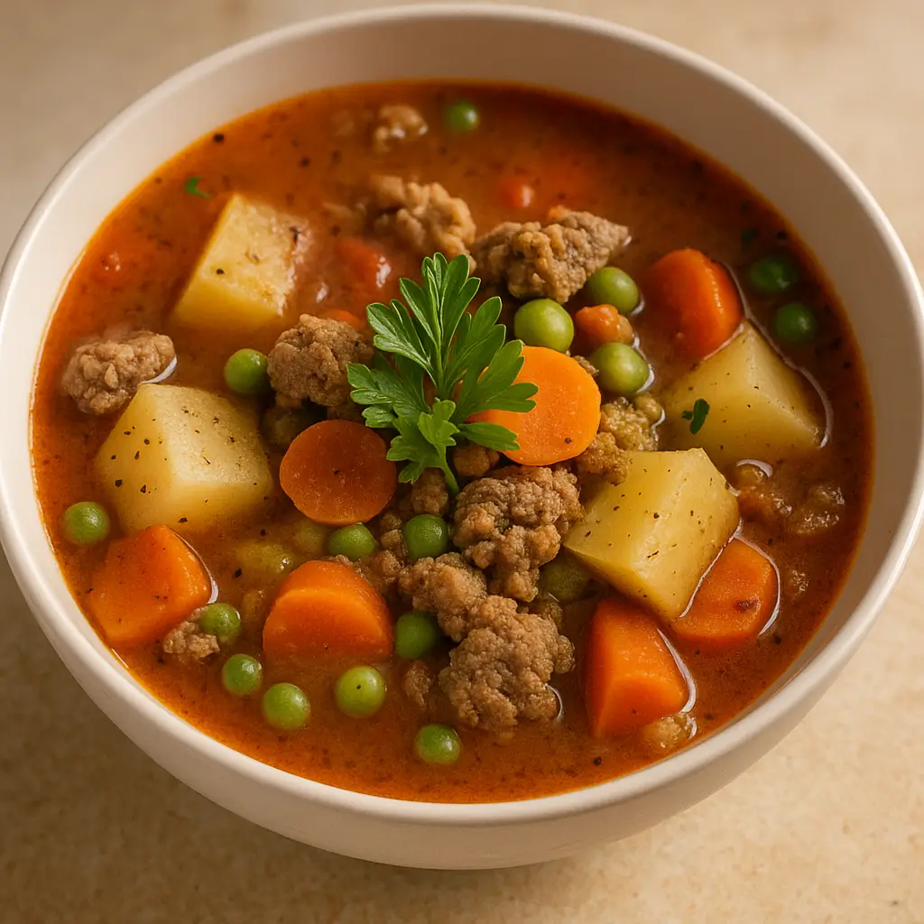 Ground Beef and Potato Soup in a bowl