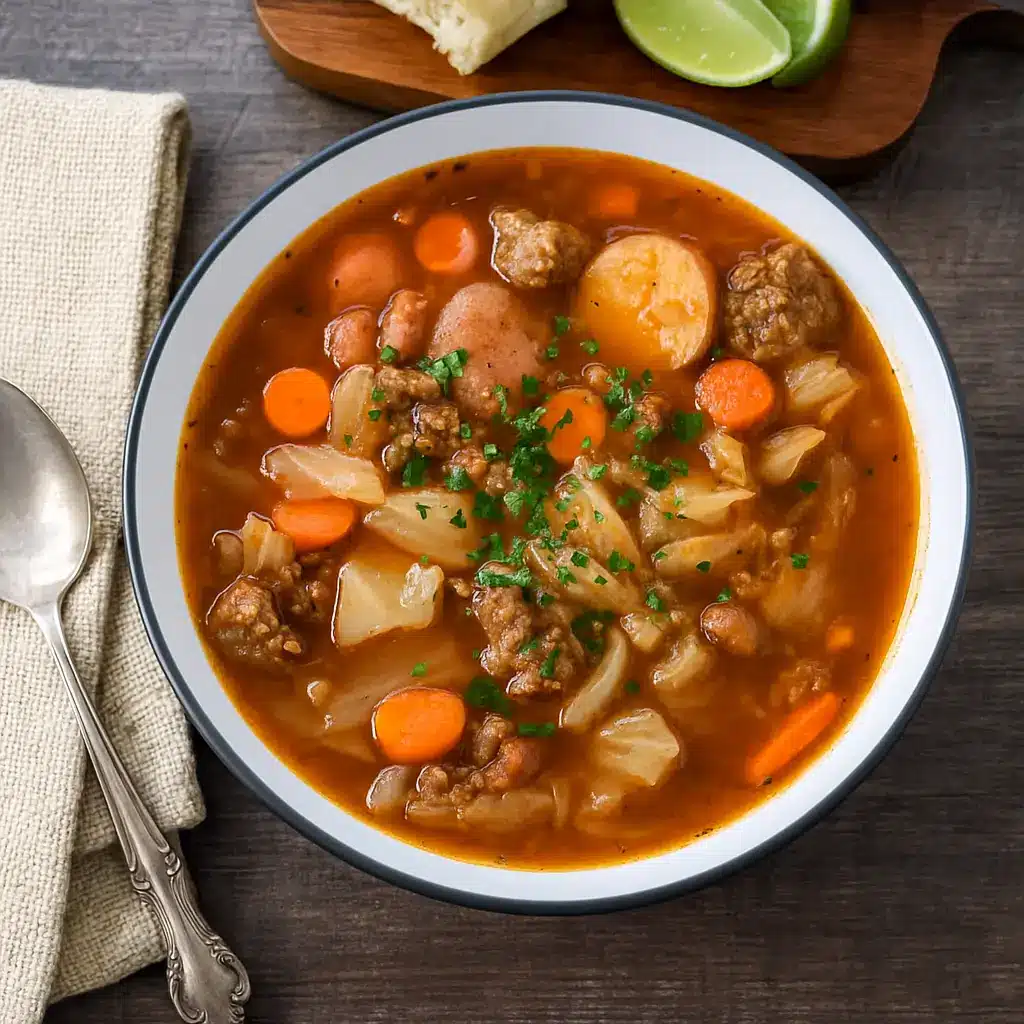 Ground Beef and Savory Cabbage Soup in a rustic bowl