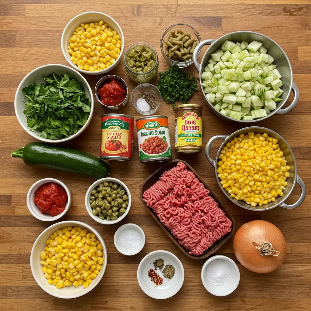 Ground Beef Vegetable Soup Recipe ingredients on wooden table