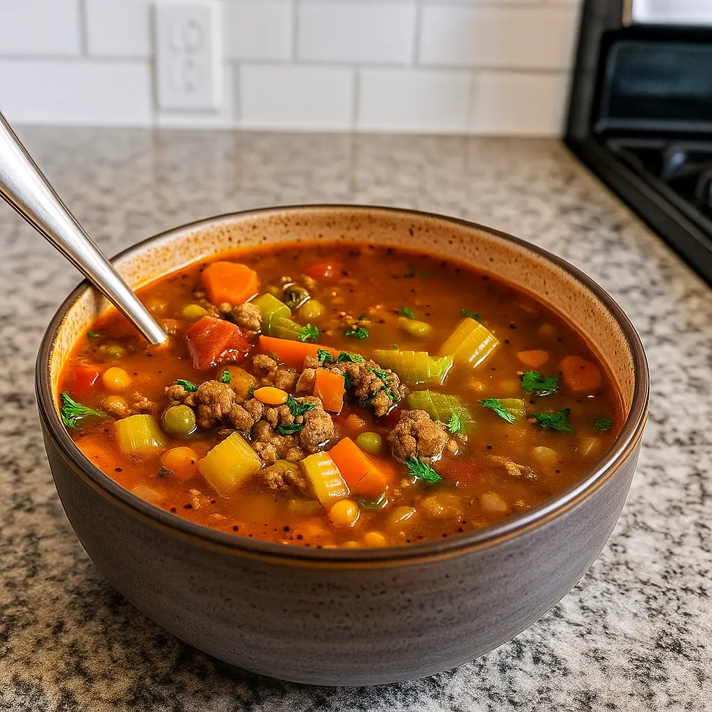 Ground Beef Vegetable Soup Recipe served in rustic bowl