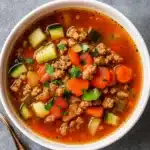 Bowl of hearty Ground Turkey Soup with vegetables