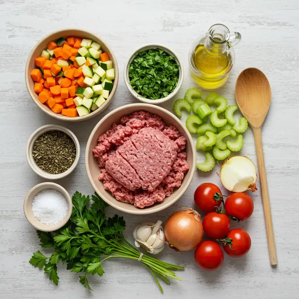 Ground Turkey Soup ingredients arranged on rustic table