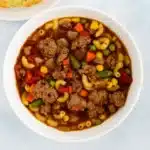 Hamburger Macaroni Soup in rustic bowl
