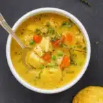Healthy Chicken Pot Pie Soup in rustic bowl
