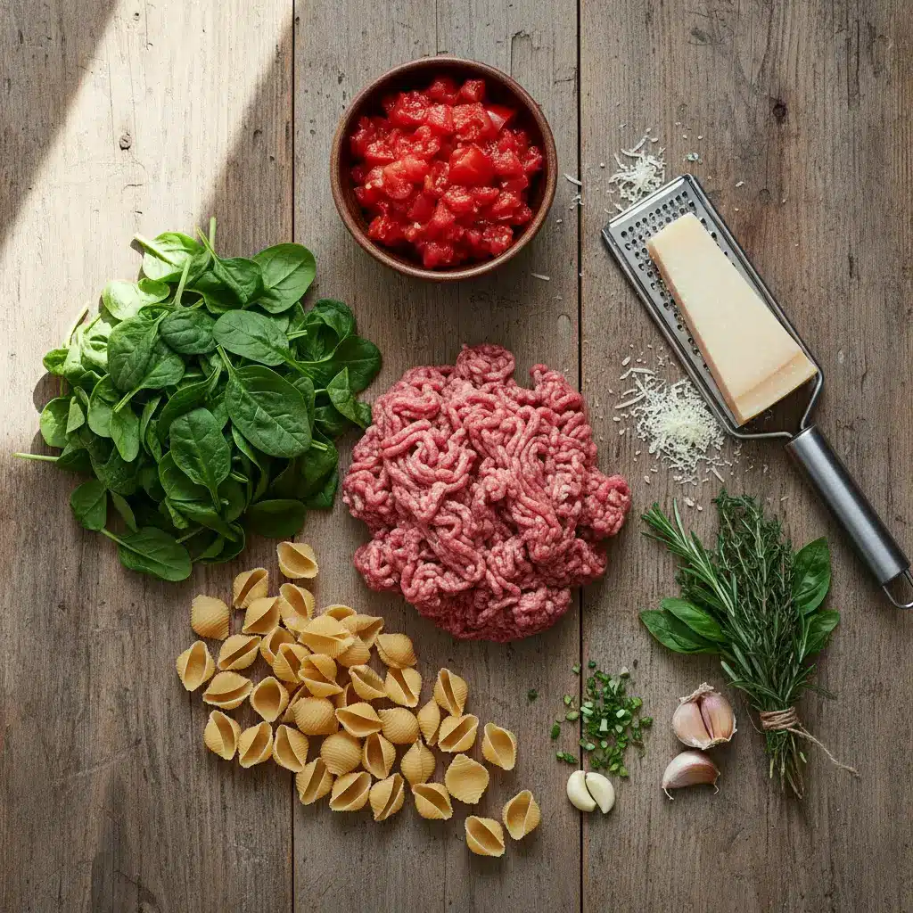 Ingredients for Healthy Ground Beef Pasta Dish displayed on a counter