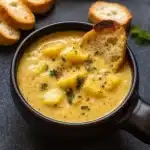 Hearty Cheddar Garlic Herb Potato Soup in a rustic bowl