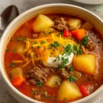 Hearty Cheesy Ground Beef Soup served in a rustic bowl