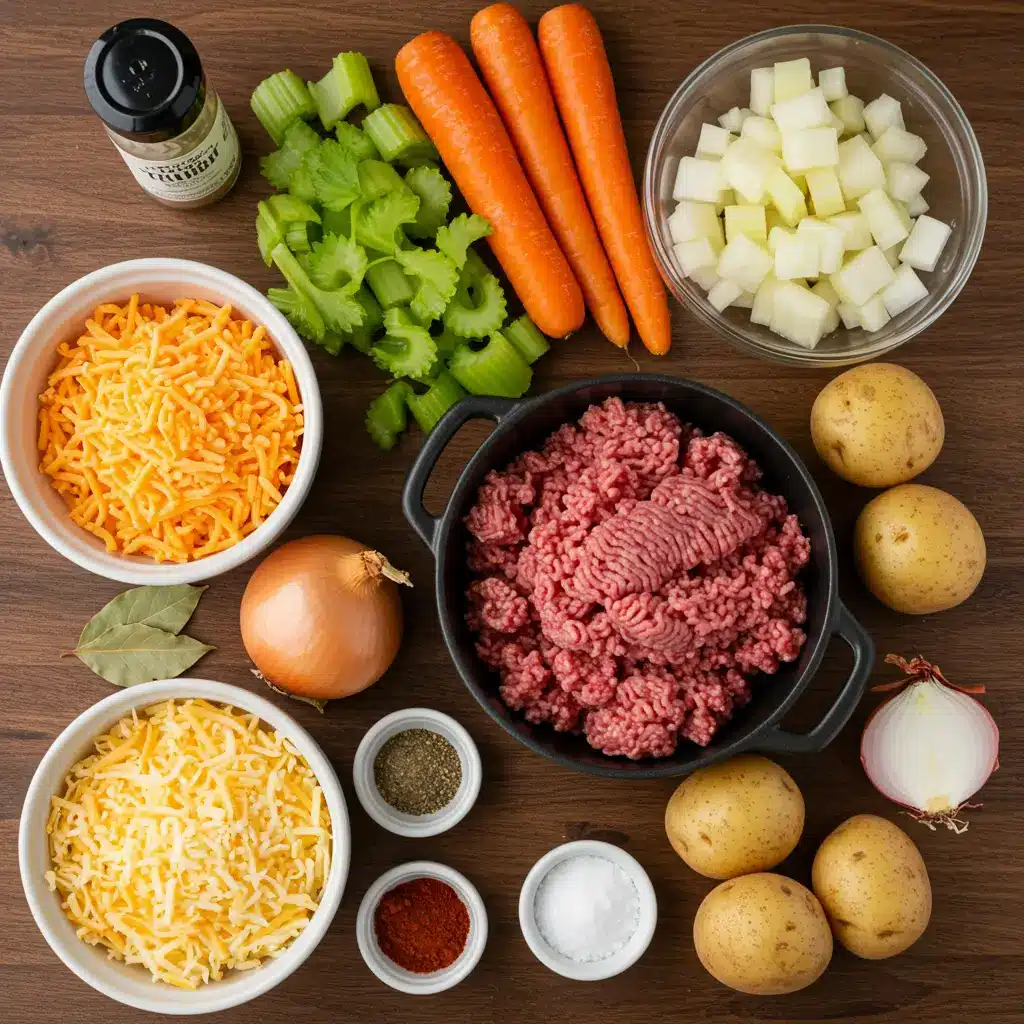 Ingredients for Hearty Cheesy Ground Beef Soup