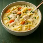 Hearty Creamy Chicken Noodle Soup in a bowl