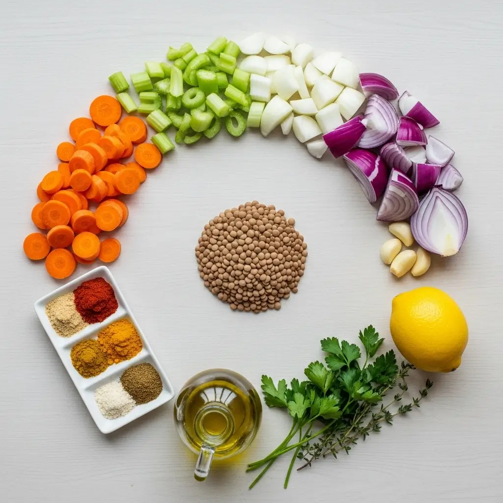 Ingredients for Hearty One-Pot Lentil Stew displayed on kitchen counter