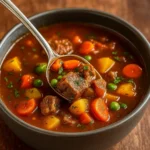 Hearty Vegetable Beef Soup Recipe served in a rustic bowl