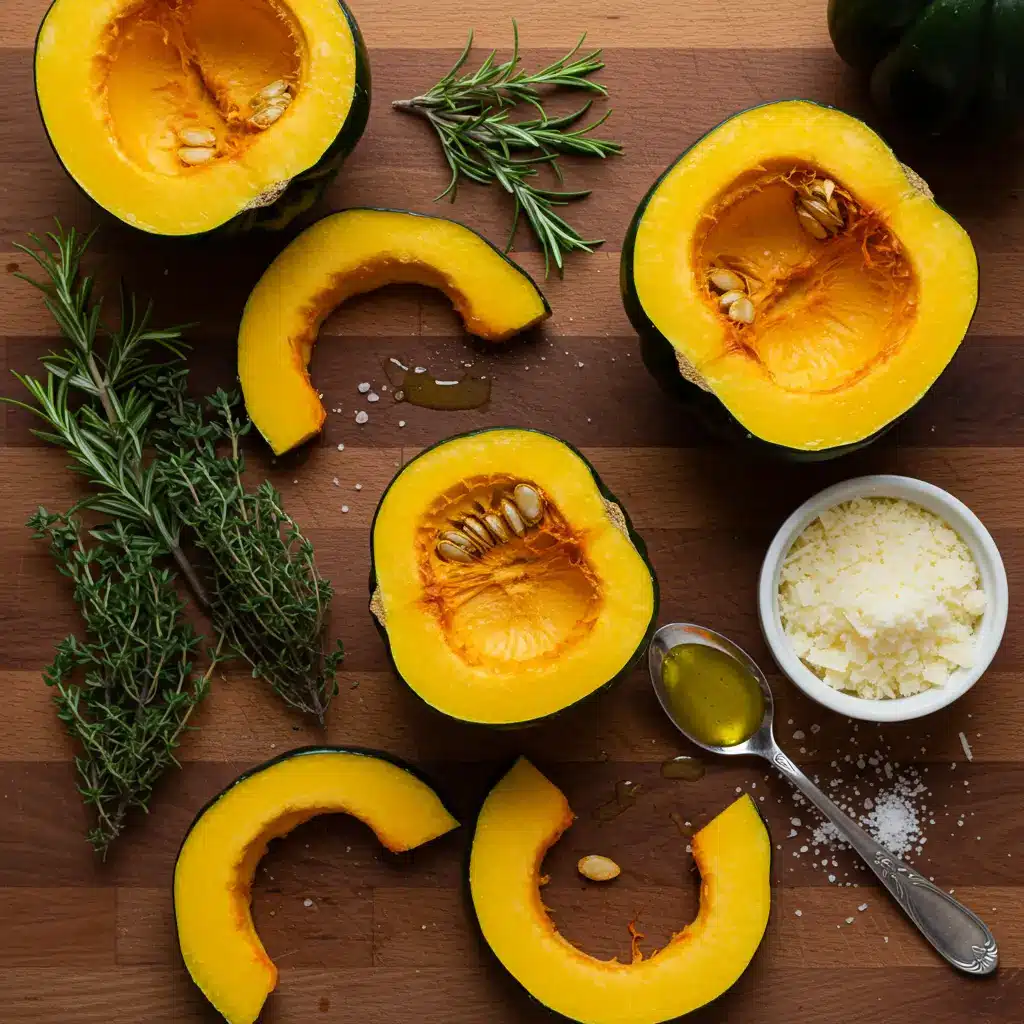 Irresistible Herb-Roasted Acorn Squash With Parmesan ingredients on rustic table
