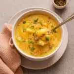 Homemade Cheeseburger Soup in a rustic bowl