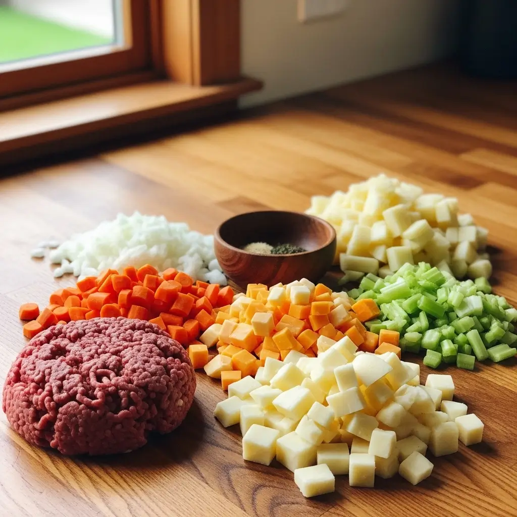 Ingredients for Homemade Cheeseburger Soup on a wooden counter