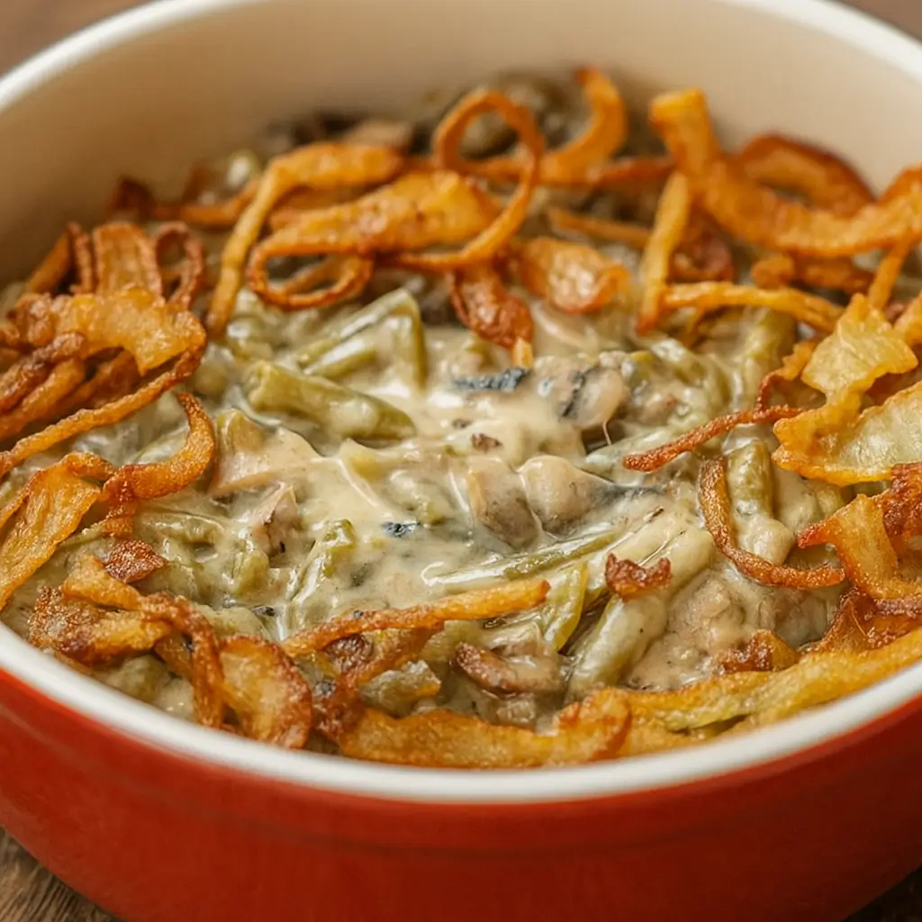 Homemade Southern Green Bean Casserole fresh from oven