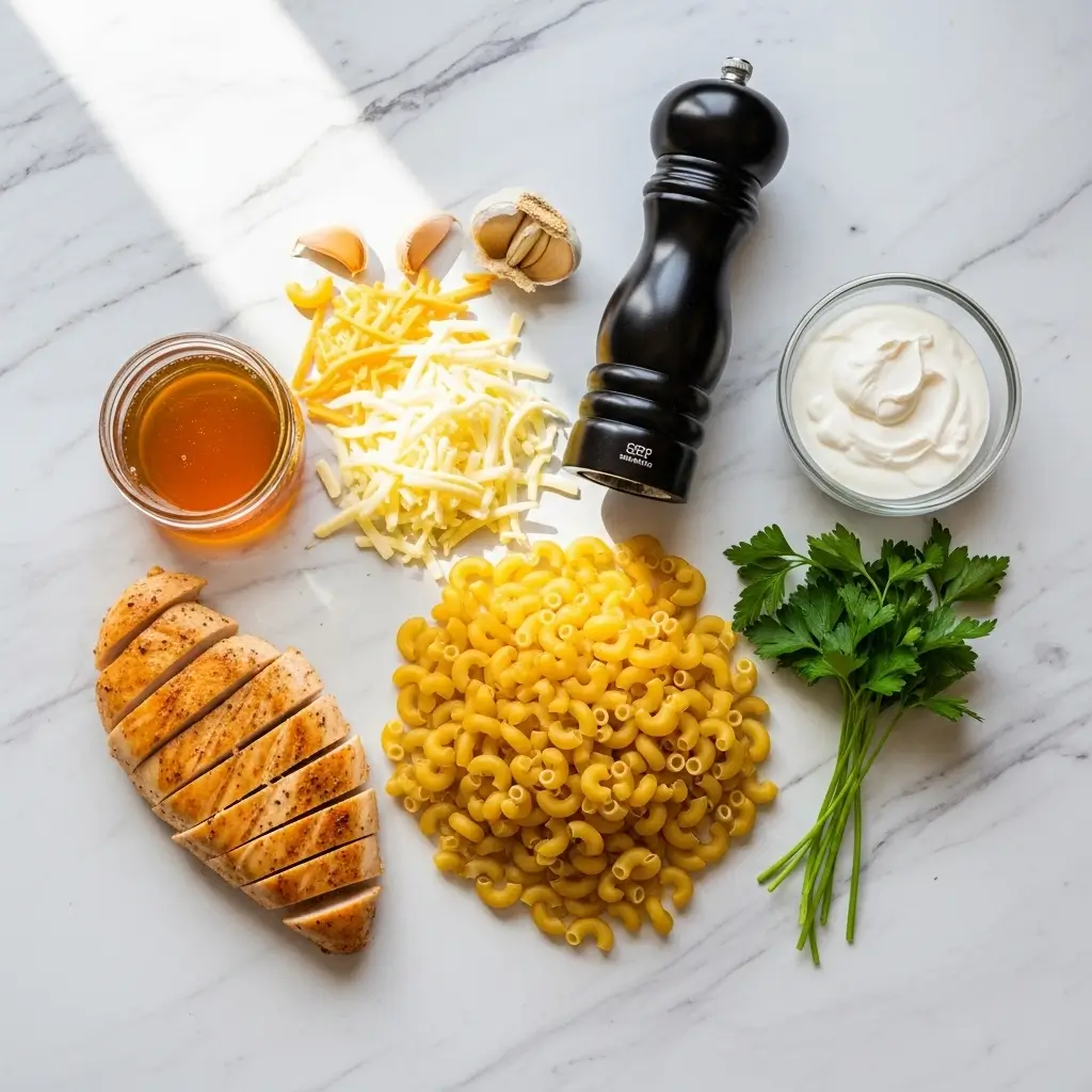 Honey Pepper Chicken Mac and Cheese ingredients flat lay