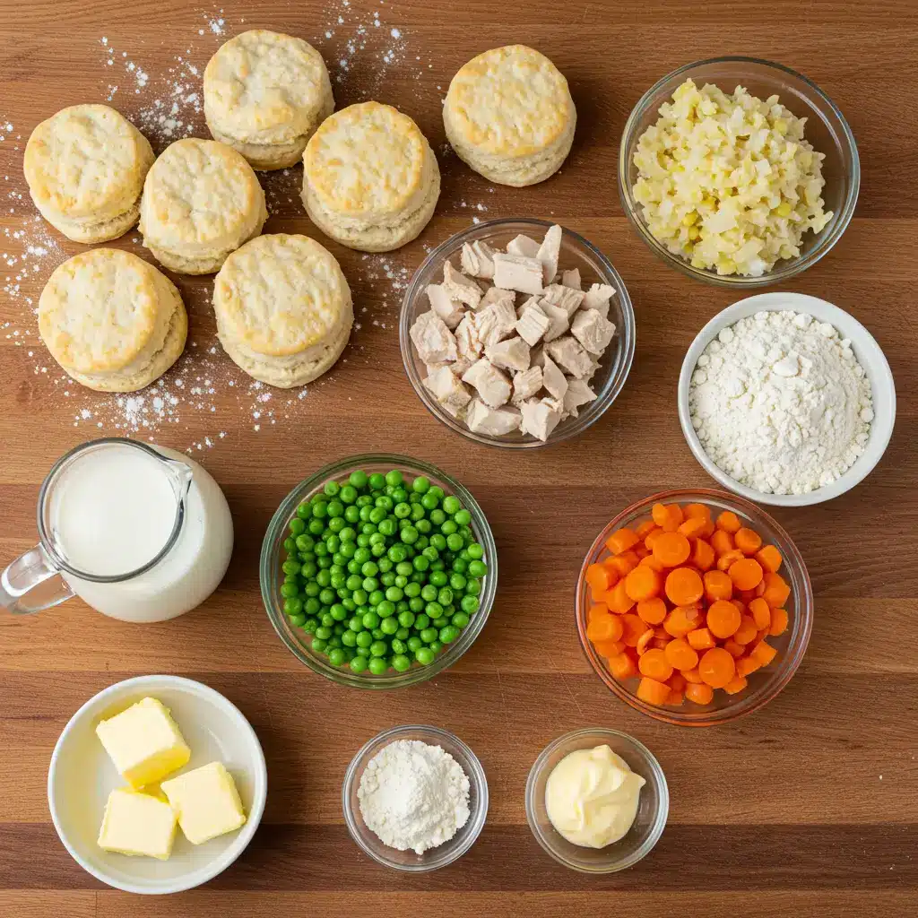 Ingredients for Homemade Chicken Pot Pie Casserole laid out on counter
