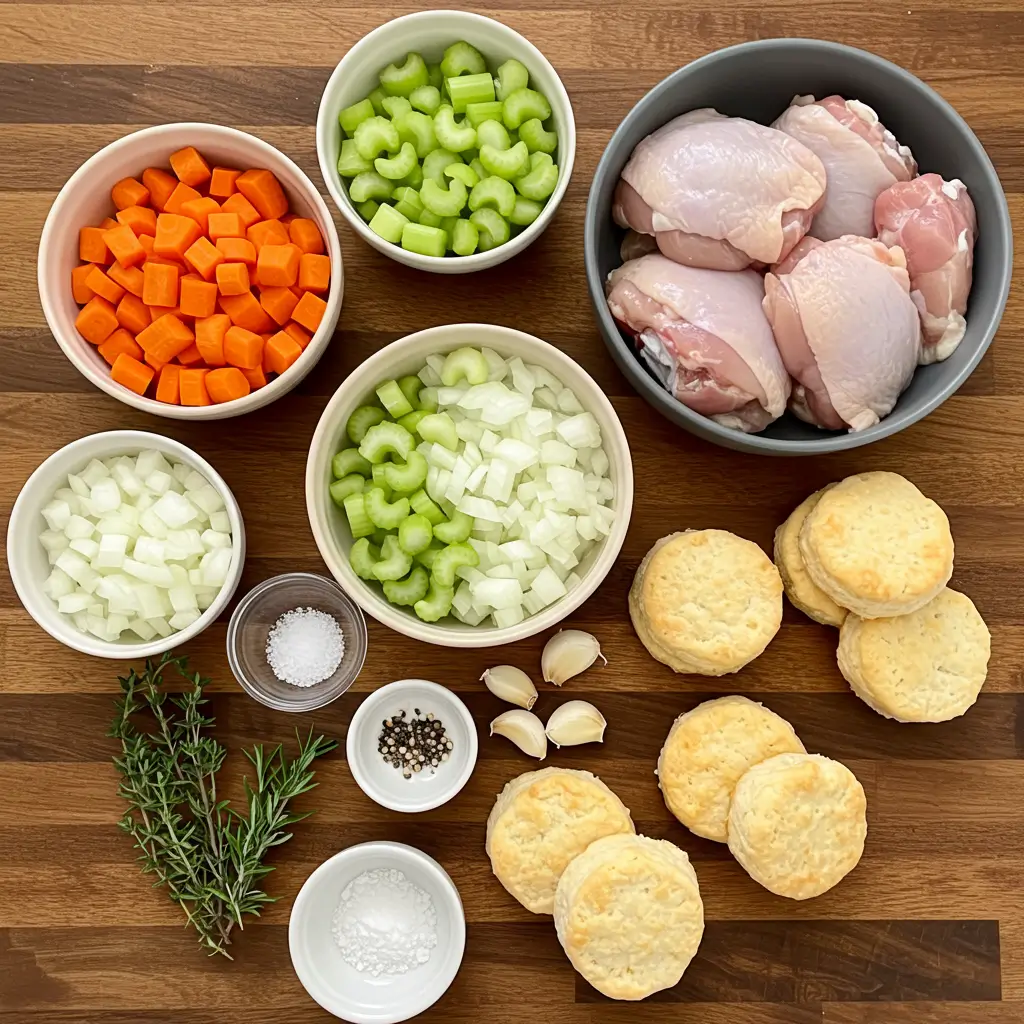 Instant Pot Chicken and Dumplings Recipe ingredients on wooden table