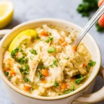 Instant Pot Greek Lemon Chicken Soup in bowl with lemon garnish