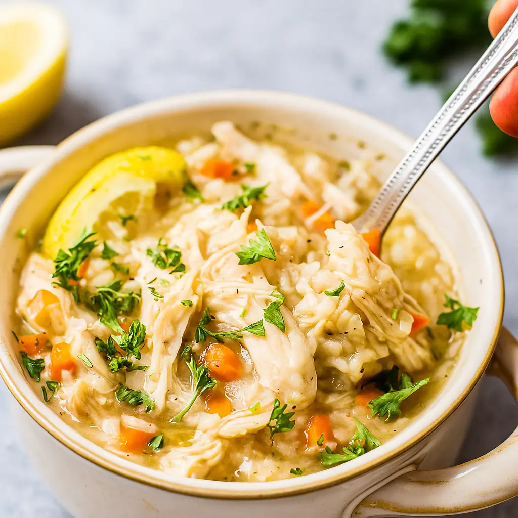 Instant Pot Greek Lemon Chicken Soup in bowl with lemon garnish