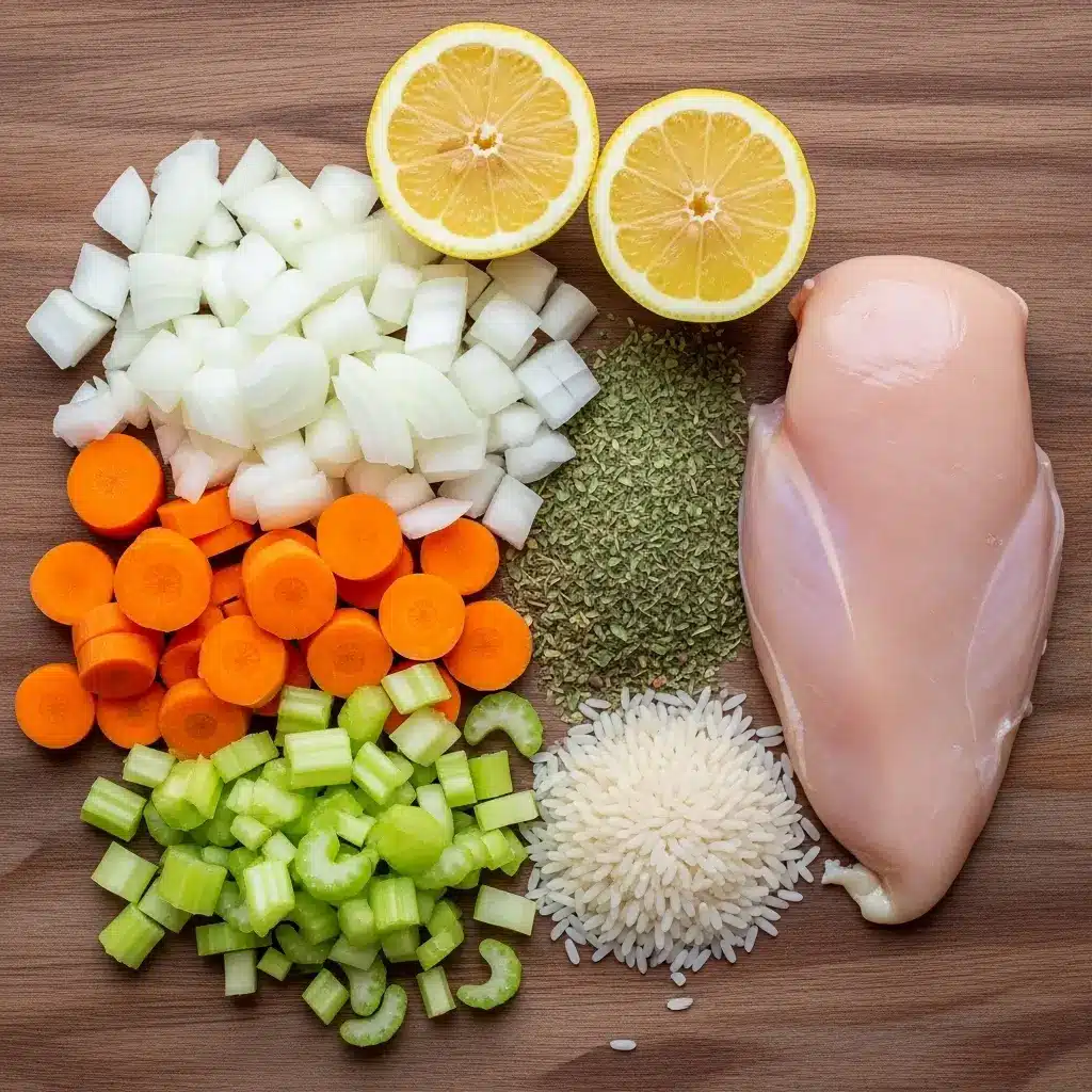 Ingredients for Instant Pot Greek Lemon Chicken Soup laid out on a table