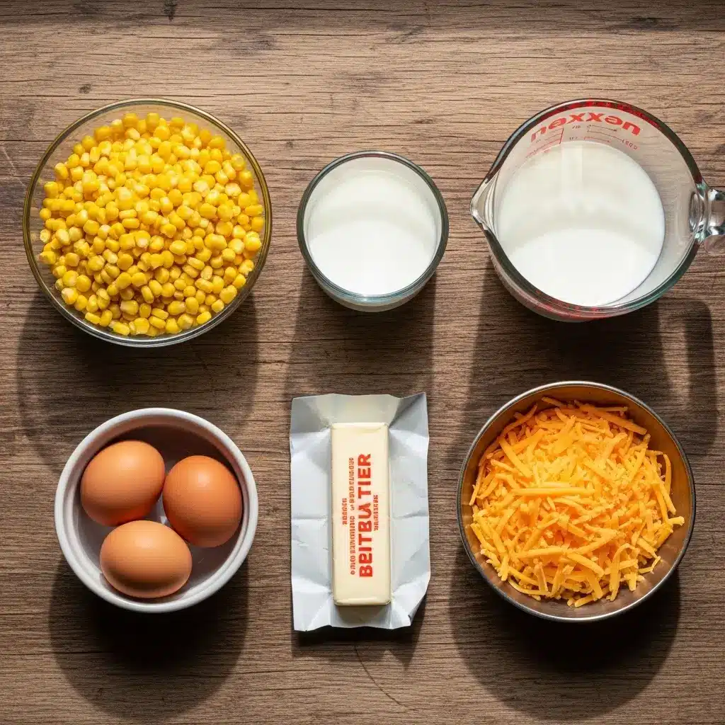 Jiffy Corn Casserole Recipe ingredients flat lay