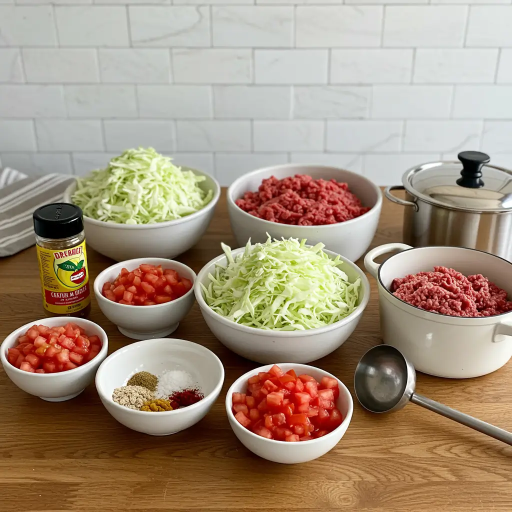 keto cabbage soup recipe ingredients in bowls