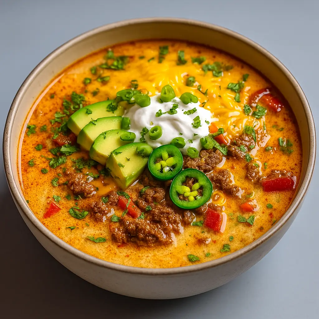 Keto Taco Soup with Ground Beef and Cheese in rustic bowl