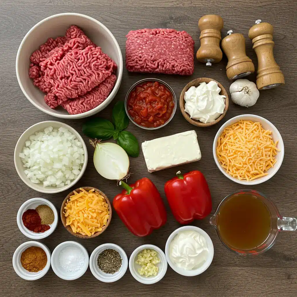 Ingredients for Keto Taco Soup with Ground Beef and Cheese on a rustic table