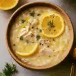 Lemon Chicken & Rice Soup in a rustic bowl