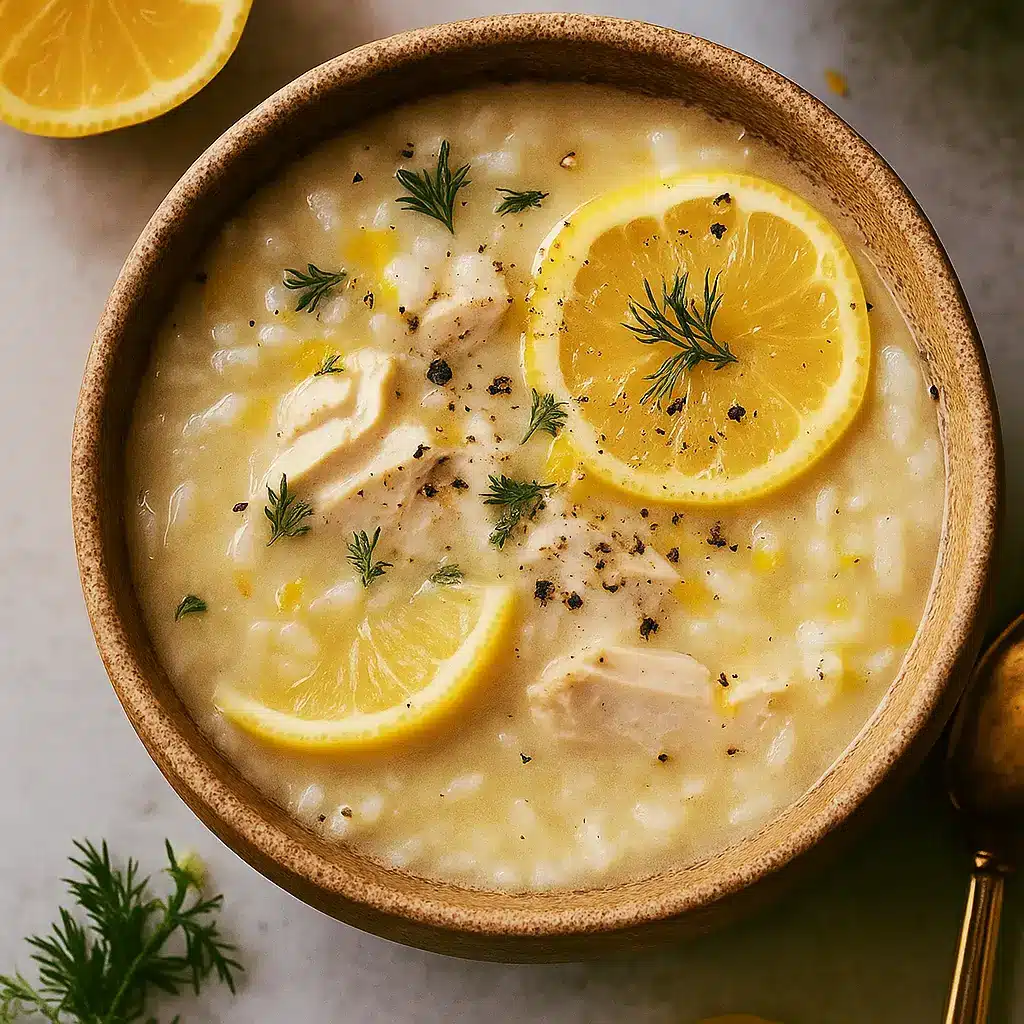 Lemon Chicken & Rice Soup in a rustic bowl