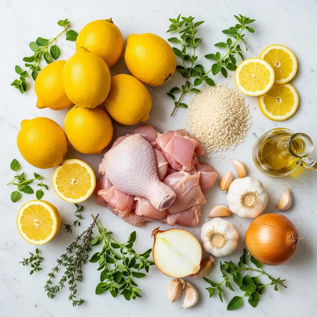 Lemon Chicken & Rice Soup ingredients laid out on counter