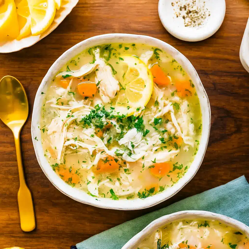 Lemon Rice Soup with fresh lemon and herbs