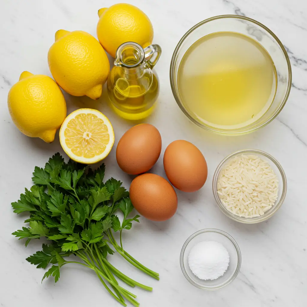 Lemon Rice Soup ingredients arranged on marble