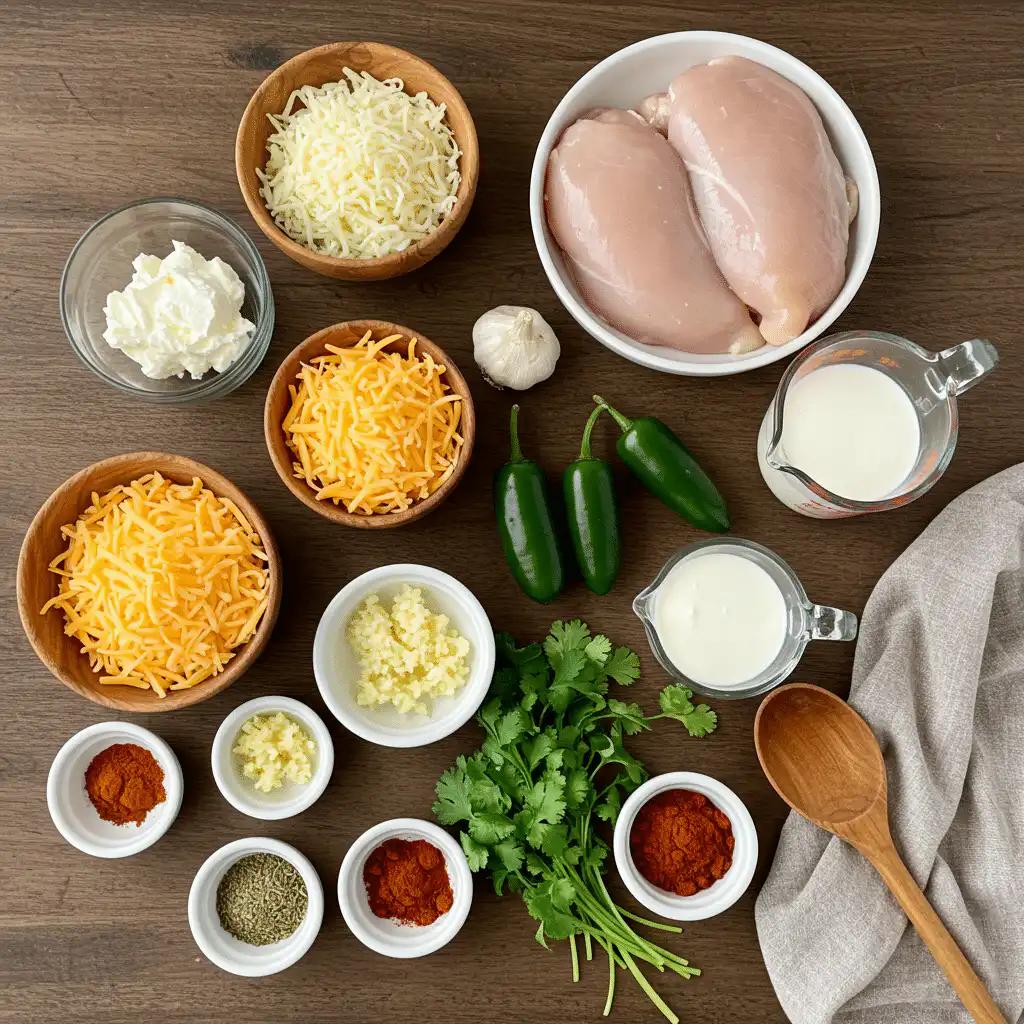 Ingredients for Low Carb Keto White Chicken Chili including chicken, cheese, cream, and spices arranged on a rustic table