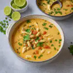Low Carb Keto White Chicken Chili Recipe served in a rustic bowl with melted cheese and jalapeños